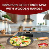 DesiDine Concave 100% Pure Sheet Iron Tava with Wooden Handle, 30 cm